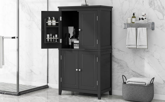 Bathroom floor storage cabinet, bathroom storage cabinet, 4-door independent cabinet, adjustable shelf, adaptive shelf, black eprolo