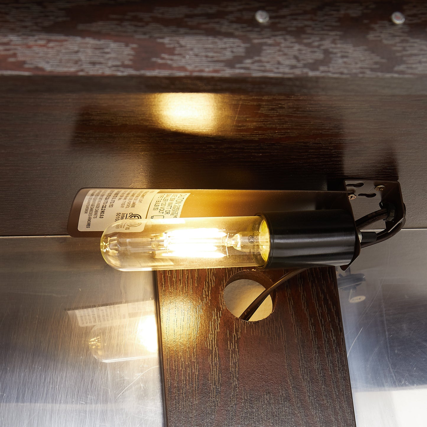 Dual door Curio cabinet with tempered glass mirror back panel and adjustable shelf display cabinet with light bulbs cherry color eprolo