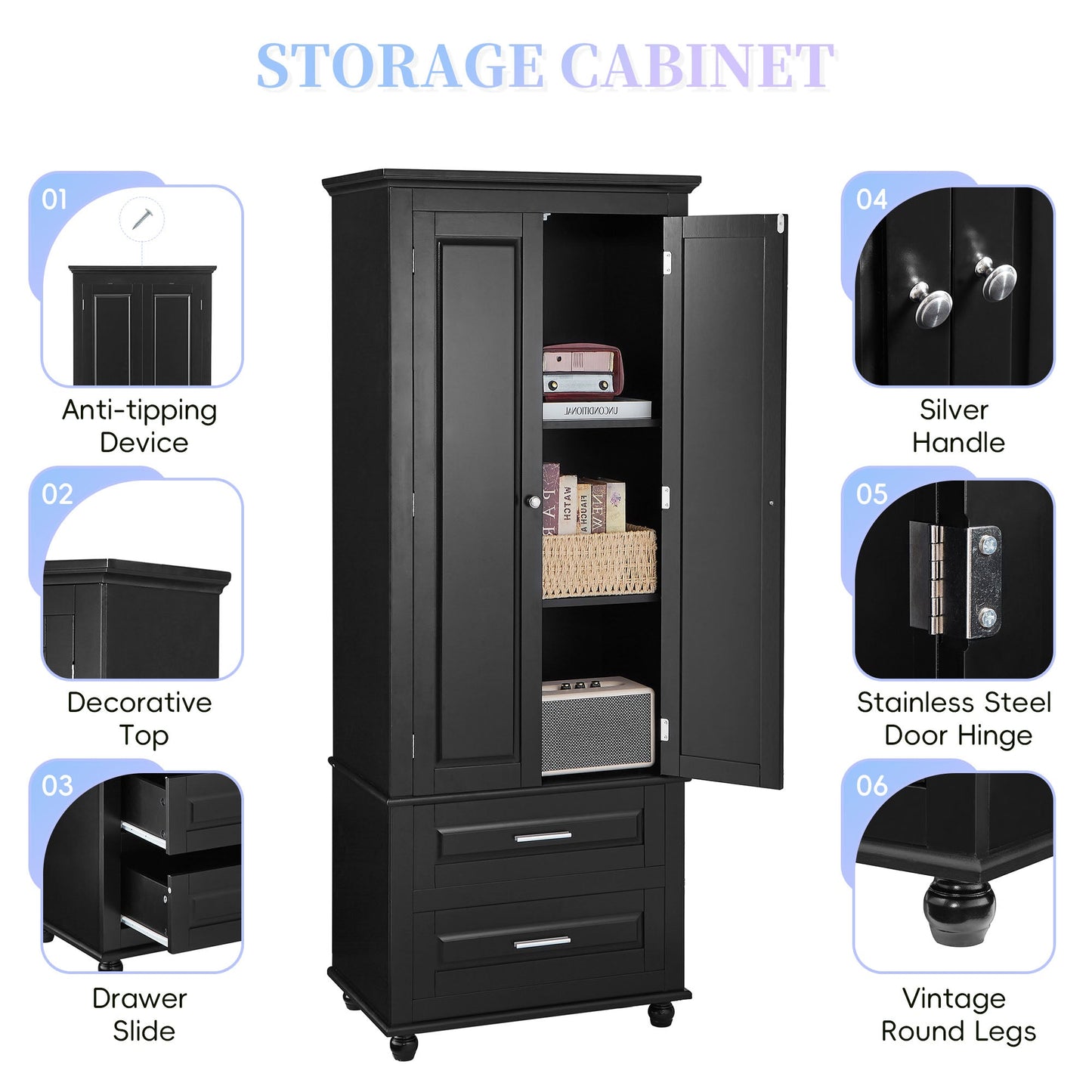 Tall Storage Cabinet with Two Drawers for Bathroom/Office, Black eprolo
