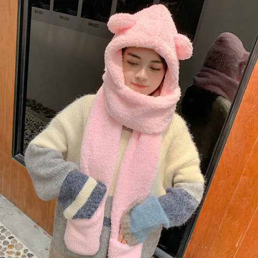 Adorable Bear 3-in-1 Plush Winter Set - Hat, Scarf & Gloves with Heart Details - Shello's Creative Boutique