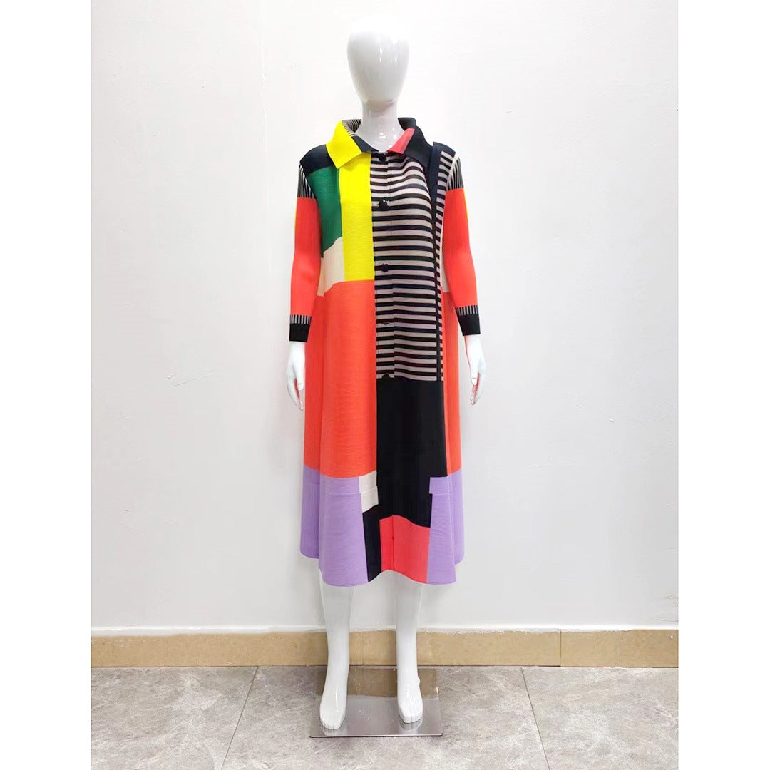 Miyake style spring pleated color blocked printed long sleeved cardigan fashionable casual plus size dress for women eprolo