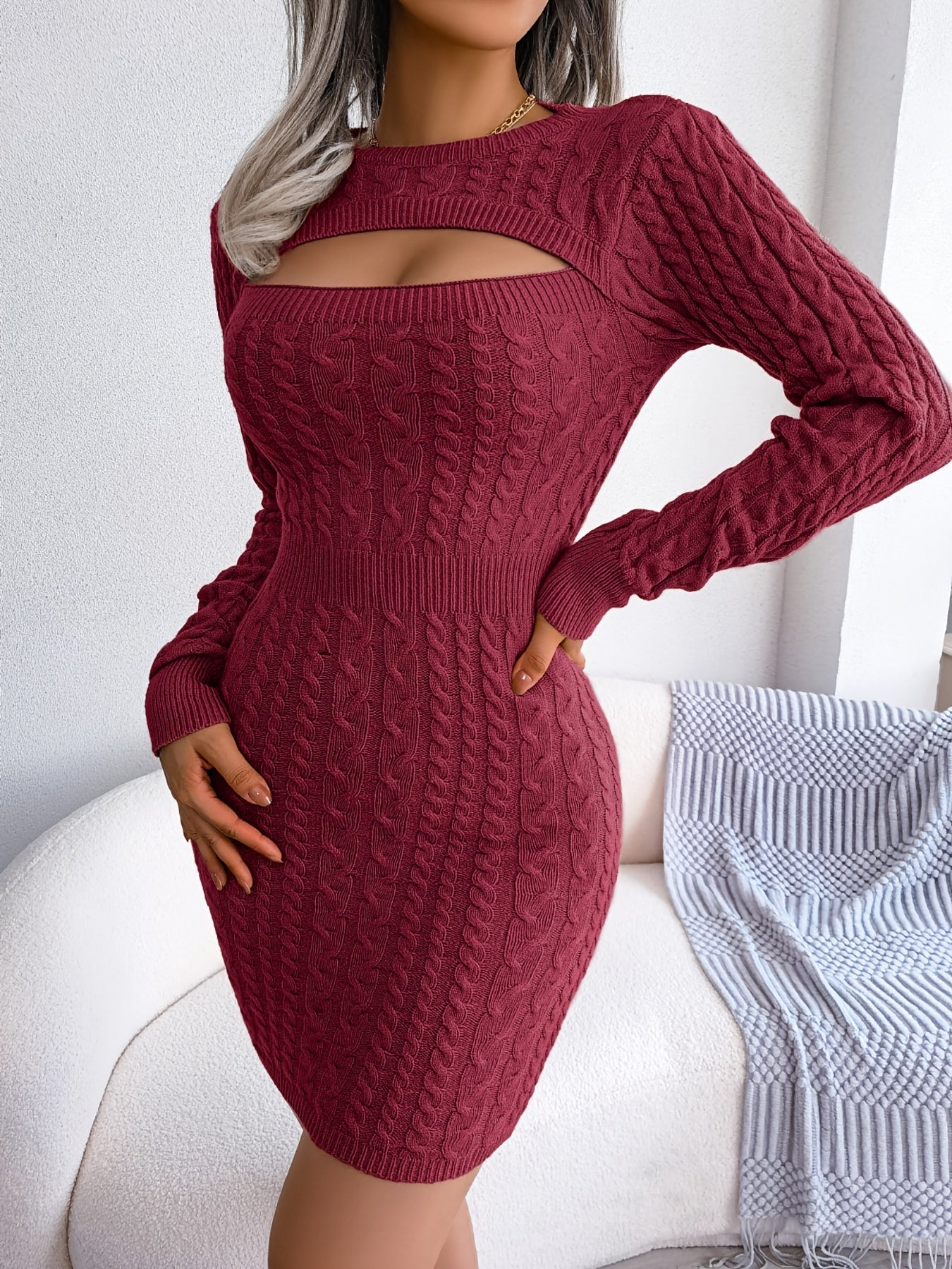 Elegant Keyhole Winter Bodycon - Long Sleeve, High Stretch, Ribbed Knit Women's Pencil Dress Shello's Creative Boutique