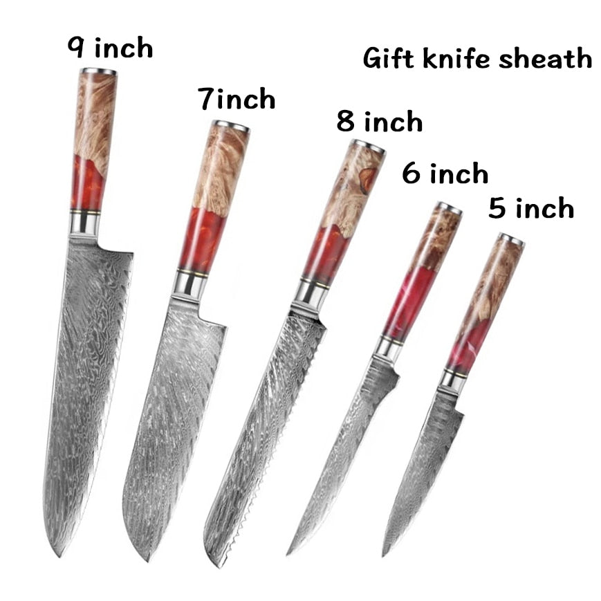 XUANFENG set of vg10 steel kitchen knife brocade machete chef knife bread knife blue resin and color wooden handle kitchen tools eprolo
