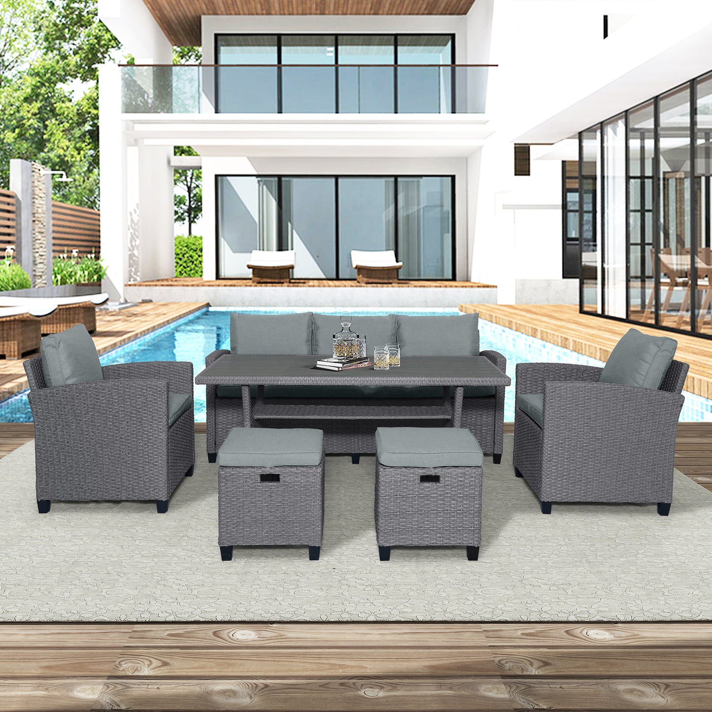 TOPMAX 6-piece outdoor rattan wicker set chair, stool, and table (gray rattan+gray mat) eprolo