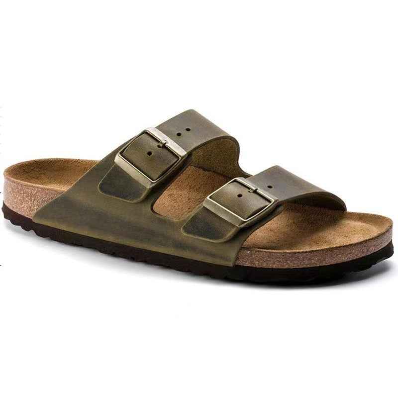 Unisex Wooden Sole Slippers with Frosted Leather Double Breasted Buttons
