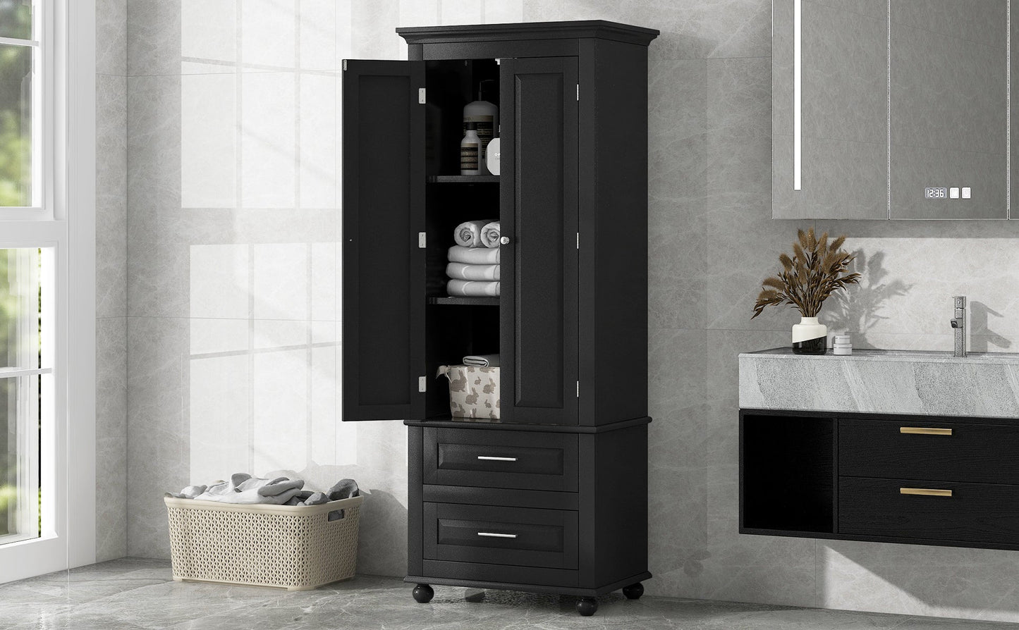 Tall Storage Cabinet with Two Drawers for Bathroom/Office, Black eprolo