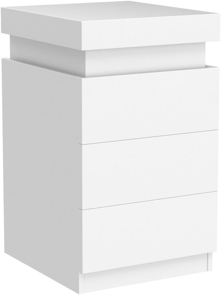 LED White Nightstand With 3 Drawers, Modern Multi-Colour LED Night Table Bedside Tables for Bedroom, Living Room eprolo