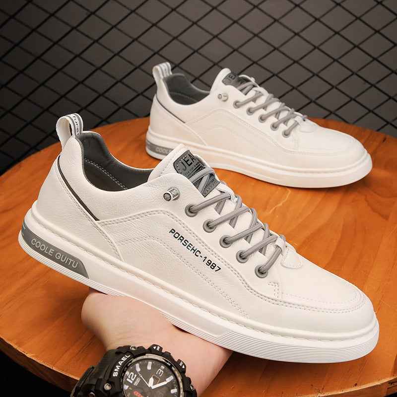 Men's Casual Leather Sneakers - Versatile Sports Shoes and Thick Soled White Sneakers