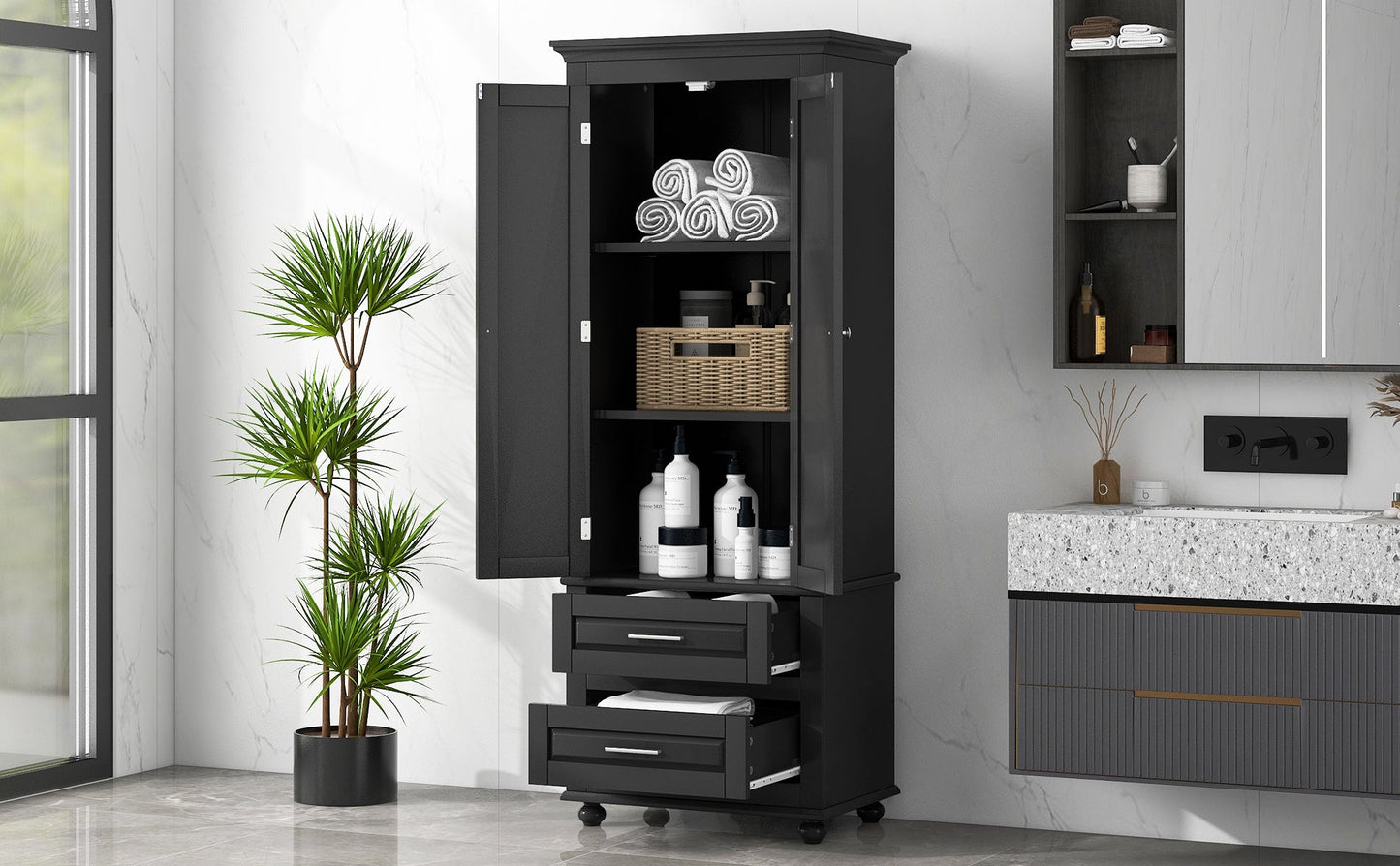 Tall Storage Cabinet with Two Drawers for Bathroom/Office, Black eprolo