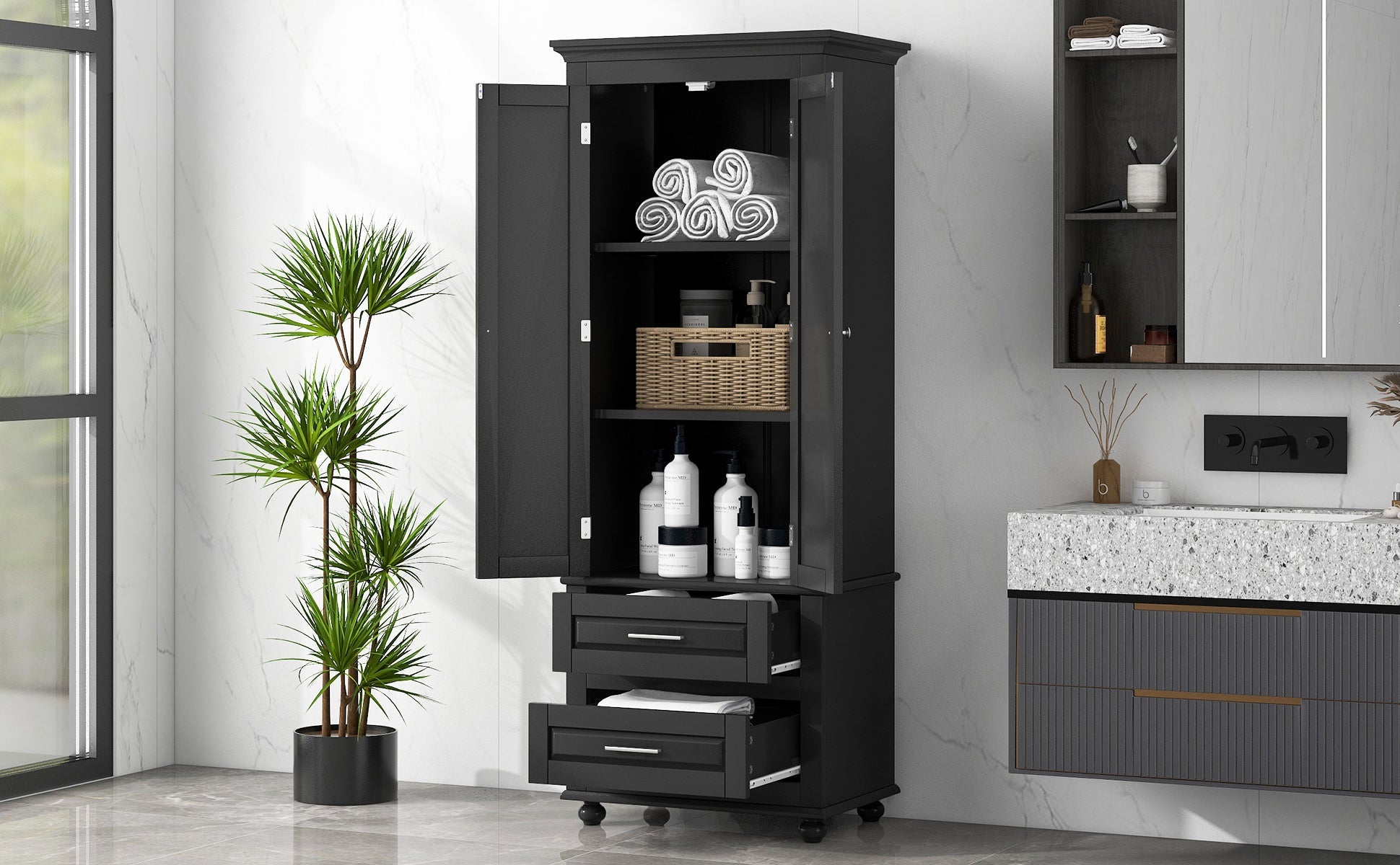 Tall Storage Cabinet with Two Drawers for Bathroom/Office, Black eprolo