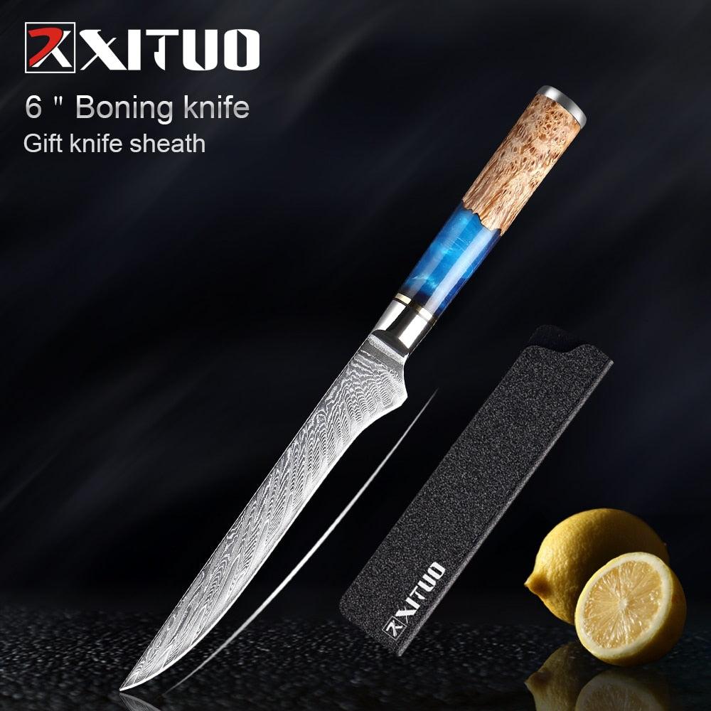 XITUO Kitchen Knives-Set Damascus Steel VG10 Chef Knife Cleaver Paring Bread Knife Blue Resin and Color Wood Handle Cooking Tool eprolo
