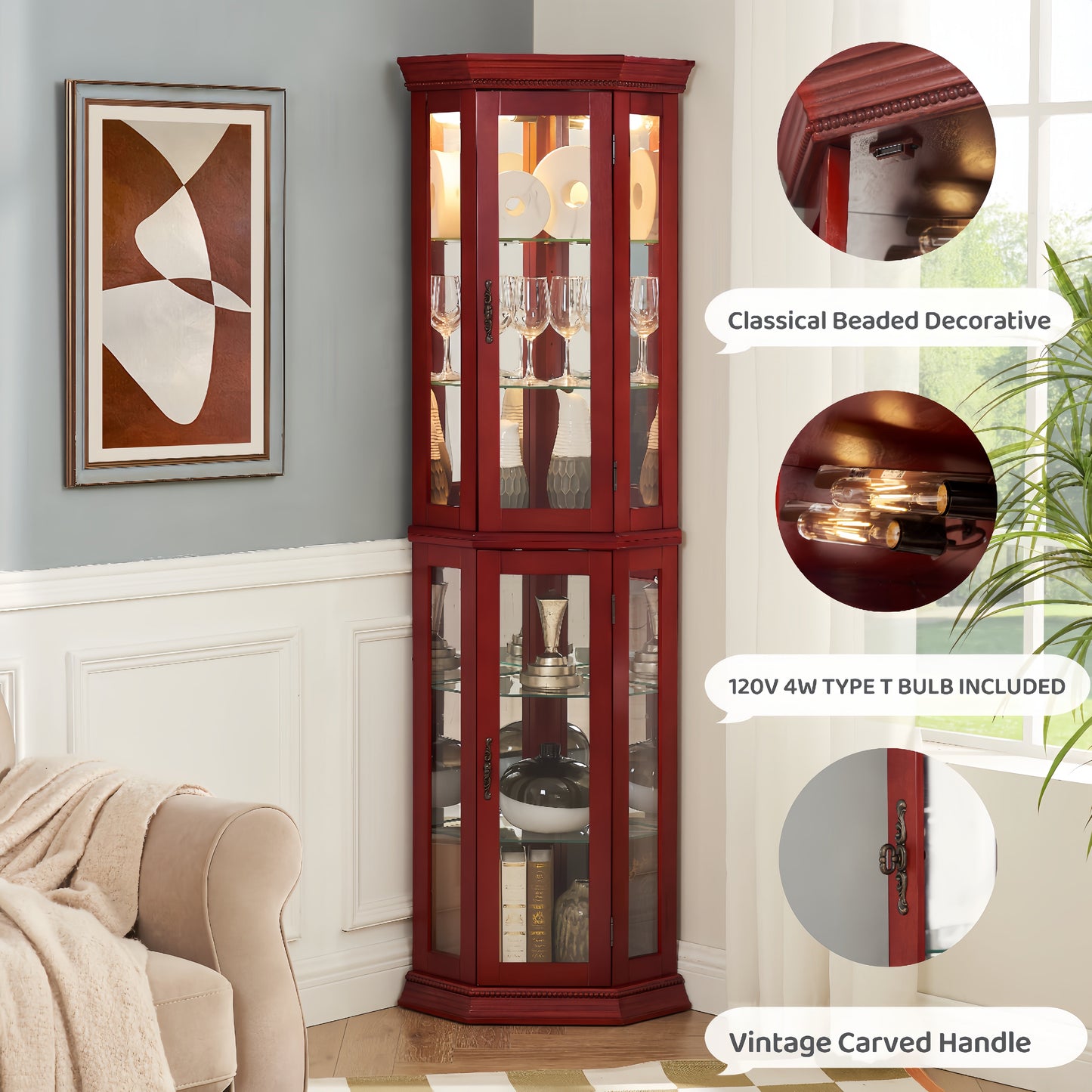 Corner Curio cabinet with illuminated glass display stand and tempered glass door, with adjustable bracket and light bulb eprolo