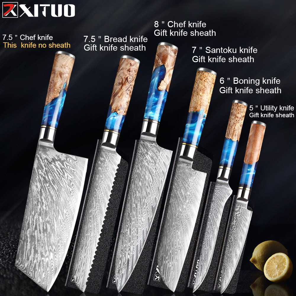 XITUO Kitchen Knives-Set Damascus Steel VG10 Chef Knife Cleaver Paring Bread Knife Blue Resin and Color Wood Handle Cooking Tool eprolo