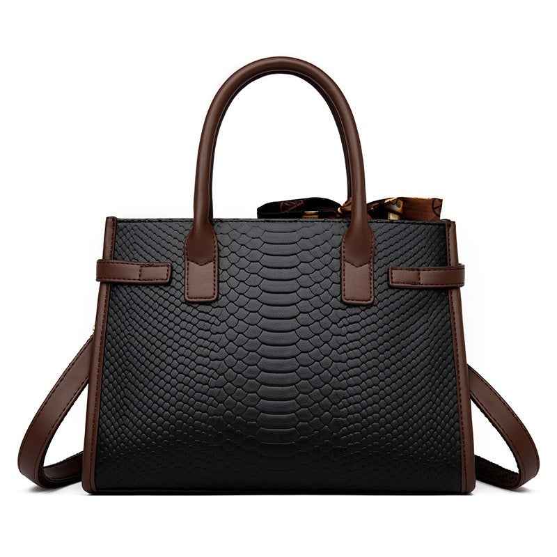 Genuine Leather Women's Briefcase - Commuting Style Bag in Embossed Snakeskin Pattern with Contrasting Color