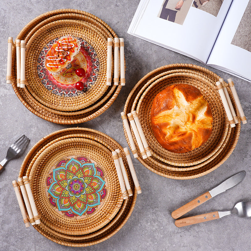Vietnam Rattan Tray Bamboo Woven Fruit Tray Japanese Breakfast Bun Basket Snacks Bread Snacks Woven Basket Fruit Basket eprolo