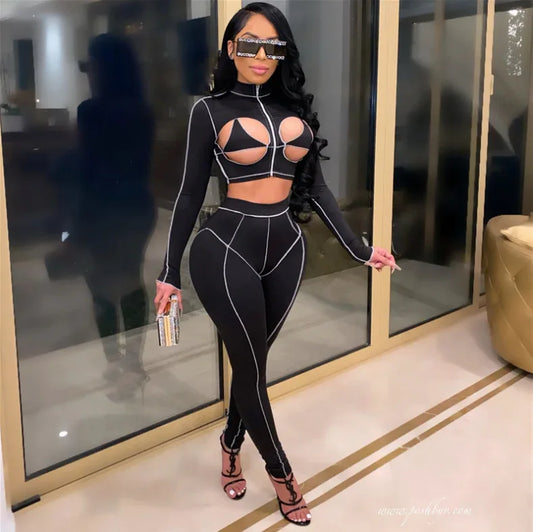 Patchwork Hollow Out Two Piece Set Women Tracksuit Chic Zipper Crop Tops Leggings Co-Ord Striped Undefined Streetwear - Shello's Creative Boutique