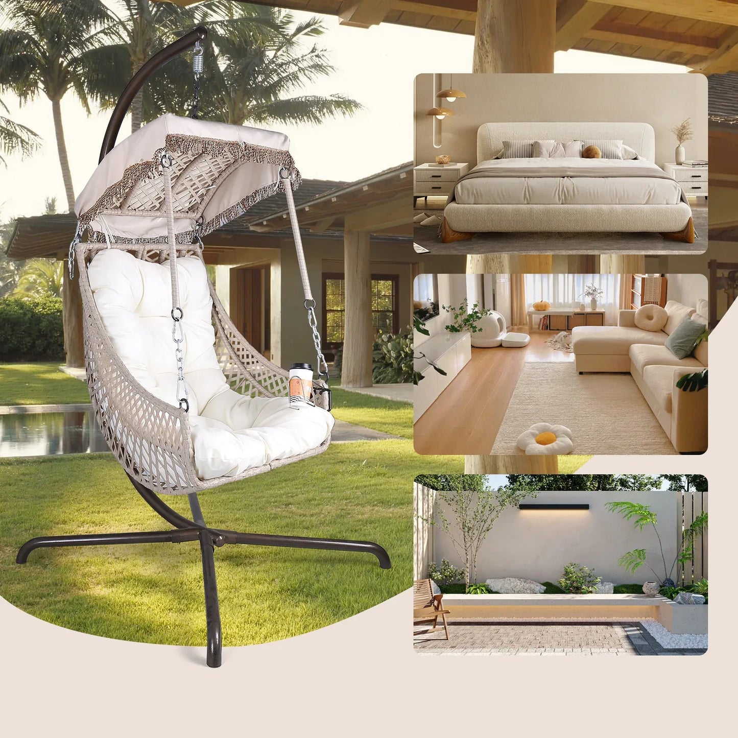 Luxury Swing Egg Chair with Stand - Indoor/Outdoor Hanging Chair with Sunshade - Shello's Creative Boutique