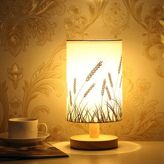 Linen Table Lamp LED Linen Night Lamp w/Warm White Light Linen Nightstand Lamp USB Powered Wooden Beside Lamp eprolo