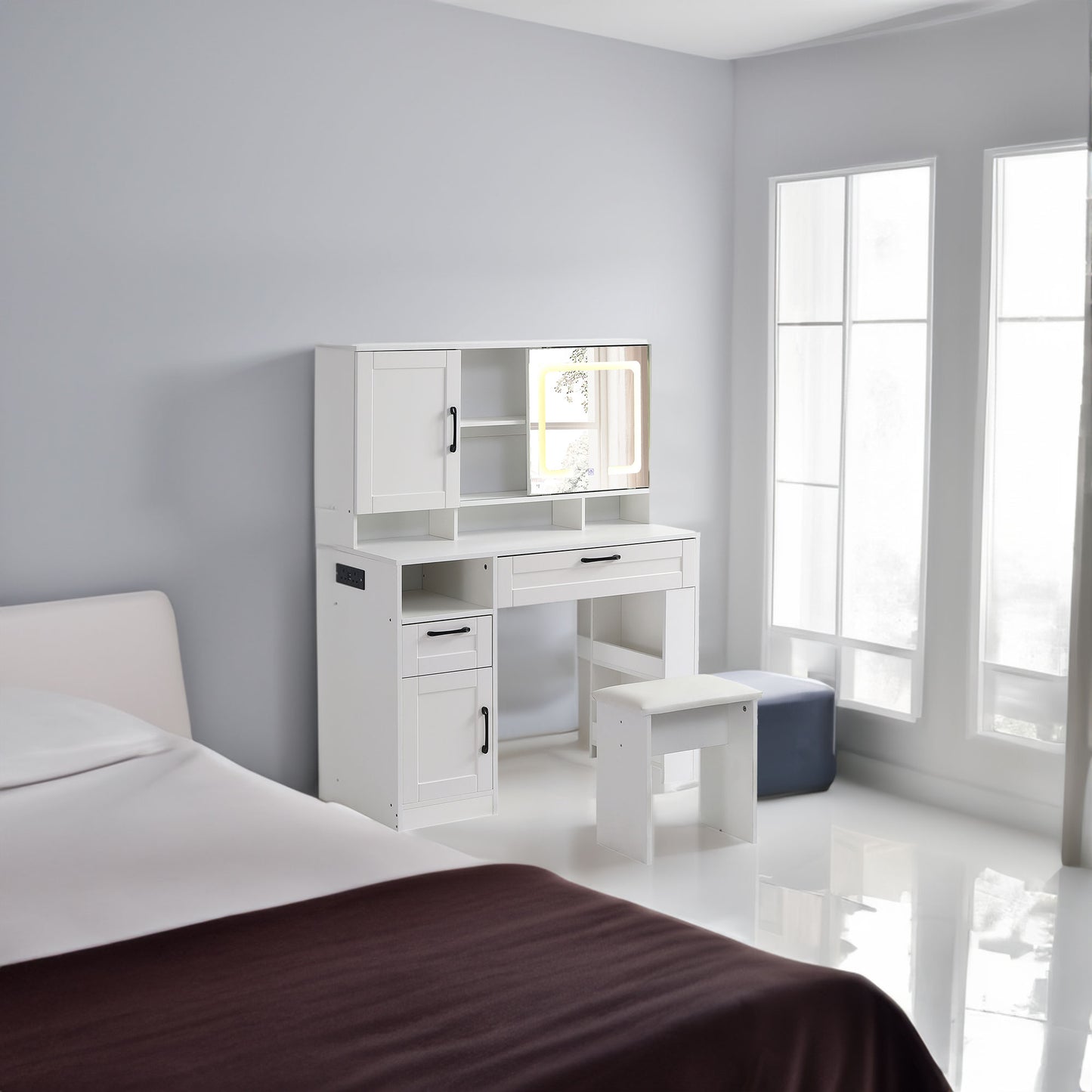 Vanity table with large sliding lighted mirror dressing table with 2 drawers storage shelves and upholstered stool white color eprolo