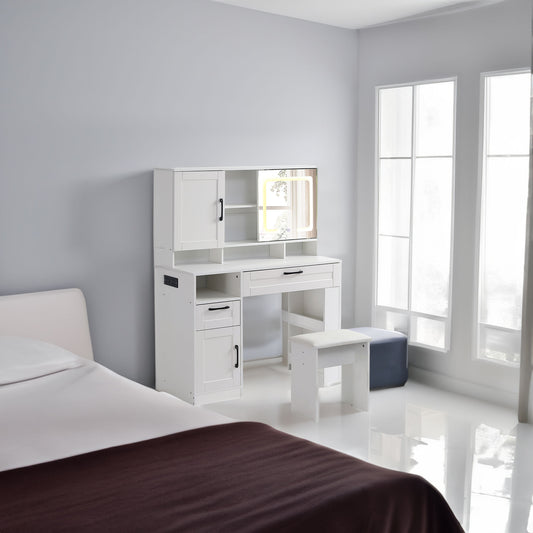 Vanity table with large sliding lighted mirror dressing table with 2 drawers storage shelves and upholstered stool white color eprolo