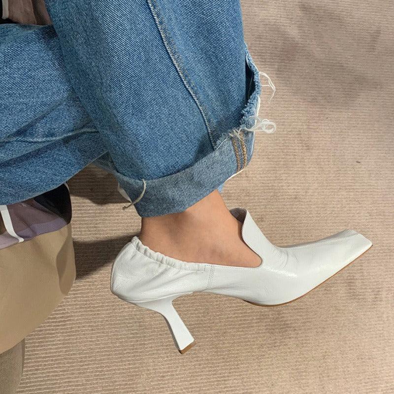 Square toe single shoes for women, white high heels, stiletto heels, retro mule shoes, witch shoes - Shello's Creative Boutique