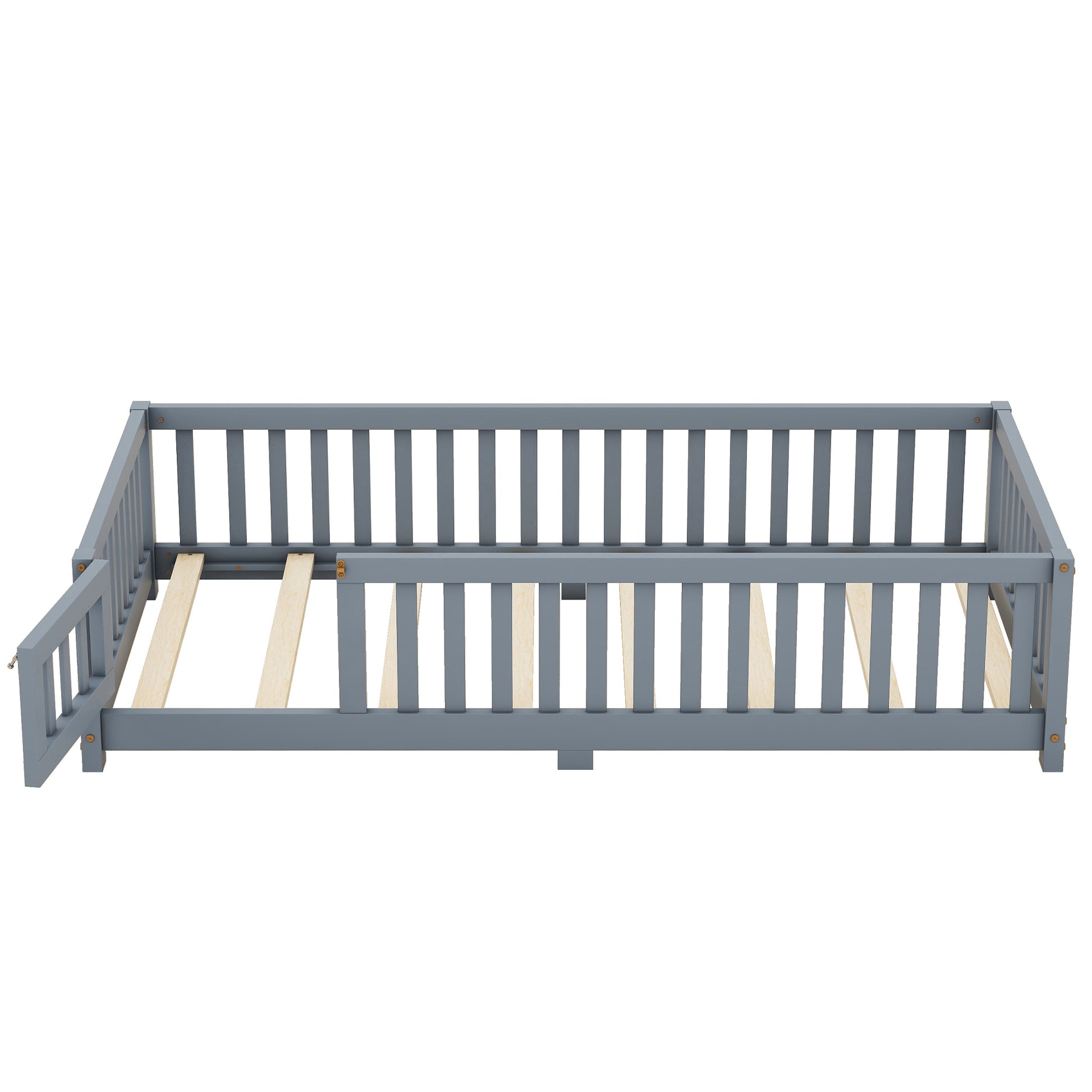 Twin Size Bed Floor Bed with Safety Guardrails and Door for Kids, Gray eprolo