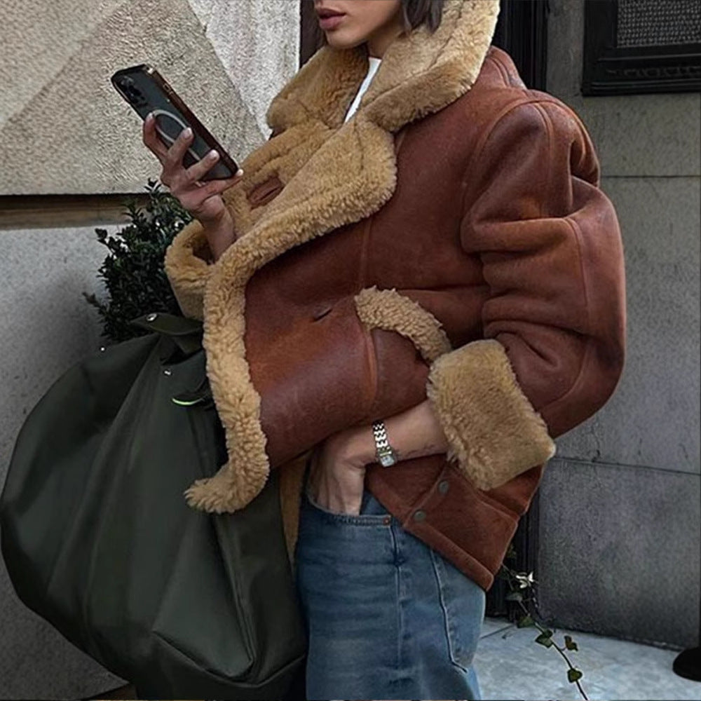 European and American collar long sleeved fur one-piece jacket, autumn and winter lamb wool loose and warm comfortable casual jacket eprolo
