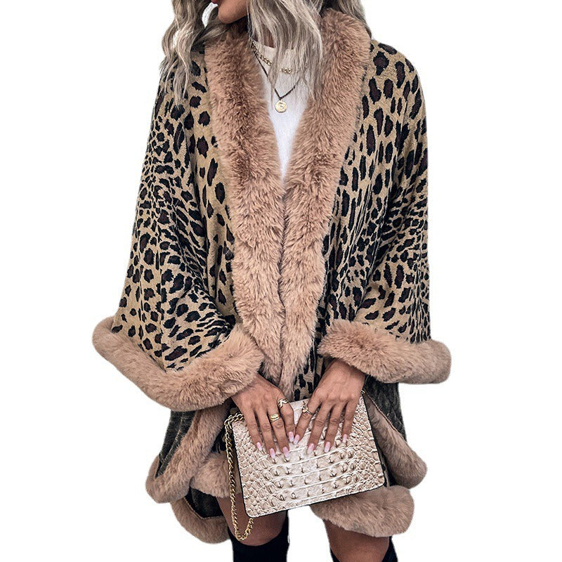 Autumn and Winter Wool Collar Cape Cardigan Leopard Cape Sweater Women eprolo