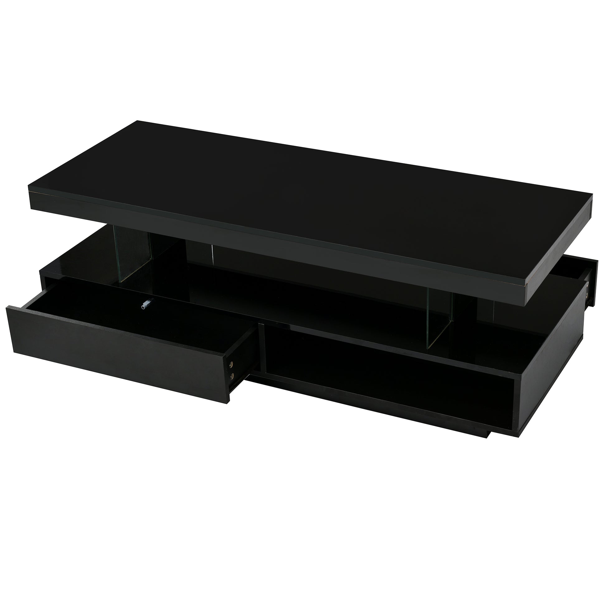 U-Can LED coffee table with storage space, modern central table with 2 drawers and display rack, equipped with LED lights, black eprolo