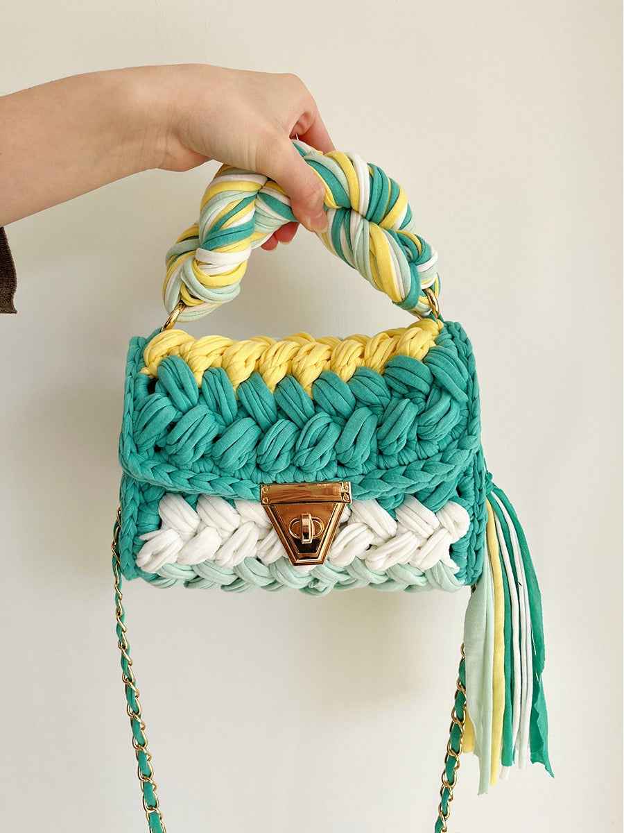 Women Crochet Shoulder Bag - Hand Woven Crochet Tassel Bag with Fried Dough Twists