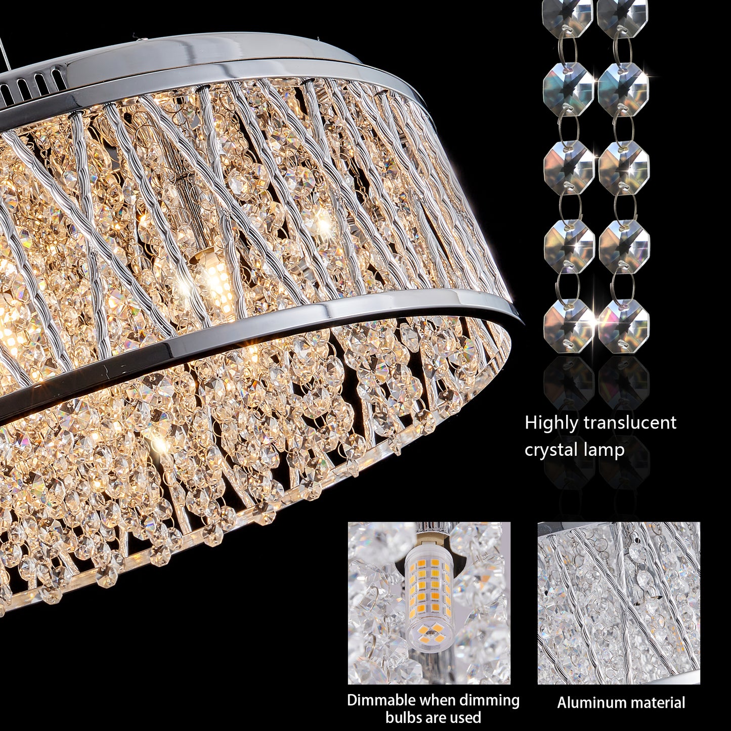 Modern Crystal Pendant 18.9-inch Aluminum+Iron Circular Ceiling Light Embedded Ceiling Fixture eprolo
