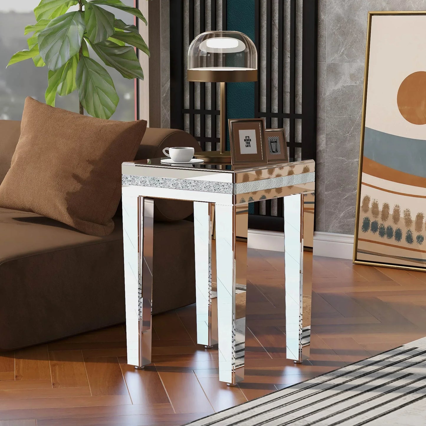 ON-TRANS glass mirror edge table, easy to assemble crystal design and adjustable height leg edge table, silver - Shello's Creative Boutique