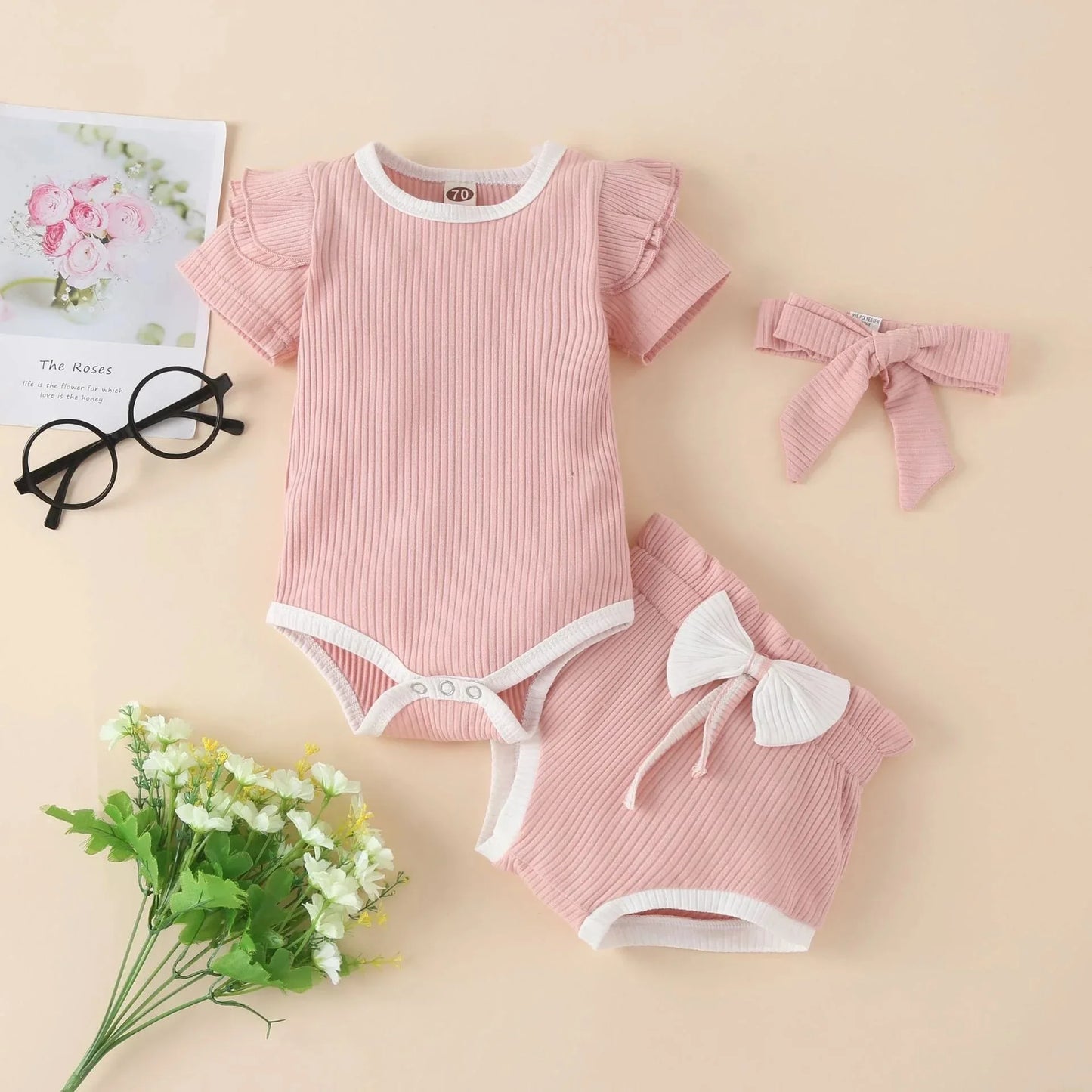 Autumn and winter foreign trade children's clothing solid color pit striped cotton long-sleeved romper with bowknot trousers three-piece suit - Shello's Creative Boutique