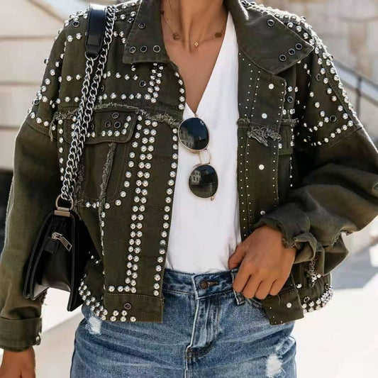 Women's Denim Stud Jacket Street Fighter Motorcycle Solid Color Short Jacket - Shello's Creative Boutique