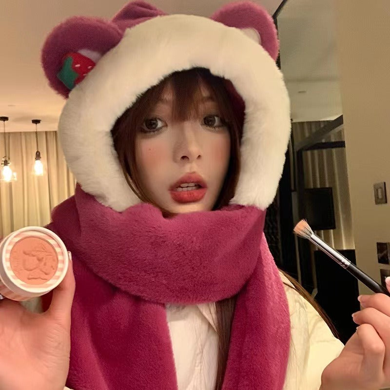 Winter Bear Hat Scarf Gloves One Body Autumn and Winter Lovely Strawberry Warm Keeping Women's Three Piece Scarf Thick Winter eprolo