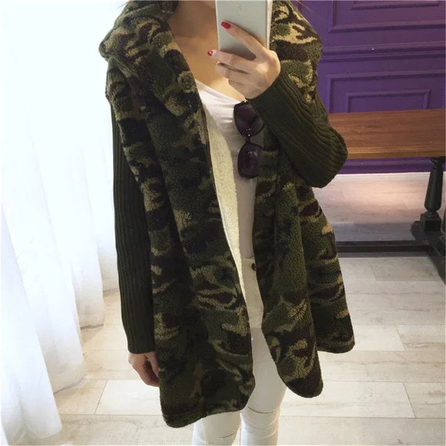 Loose Lamb Wool Cardigan Solid Color Hooded Long Fashion Coat Knitted Sleeve Stitching Warm Jacket - Shello's Creative Boutique