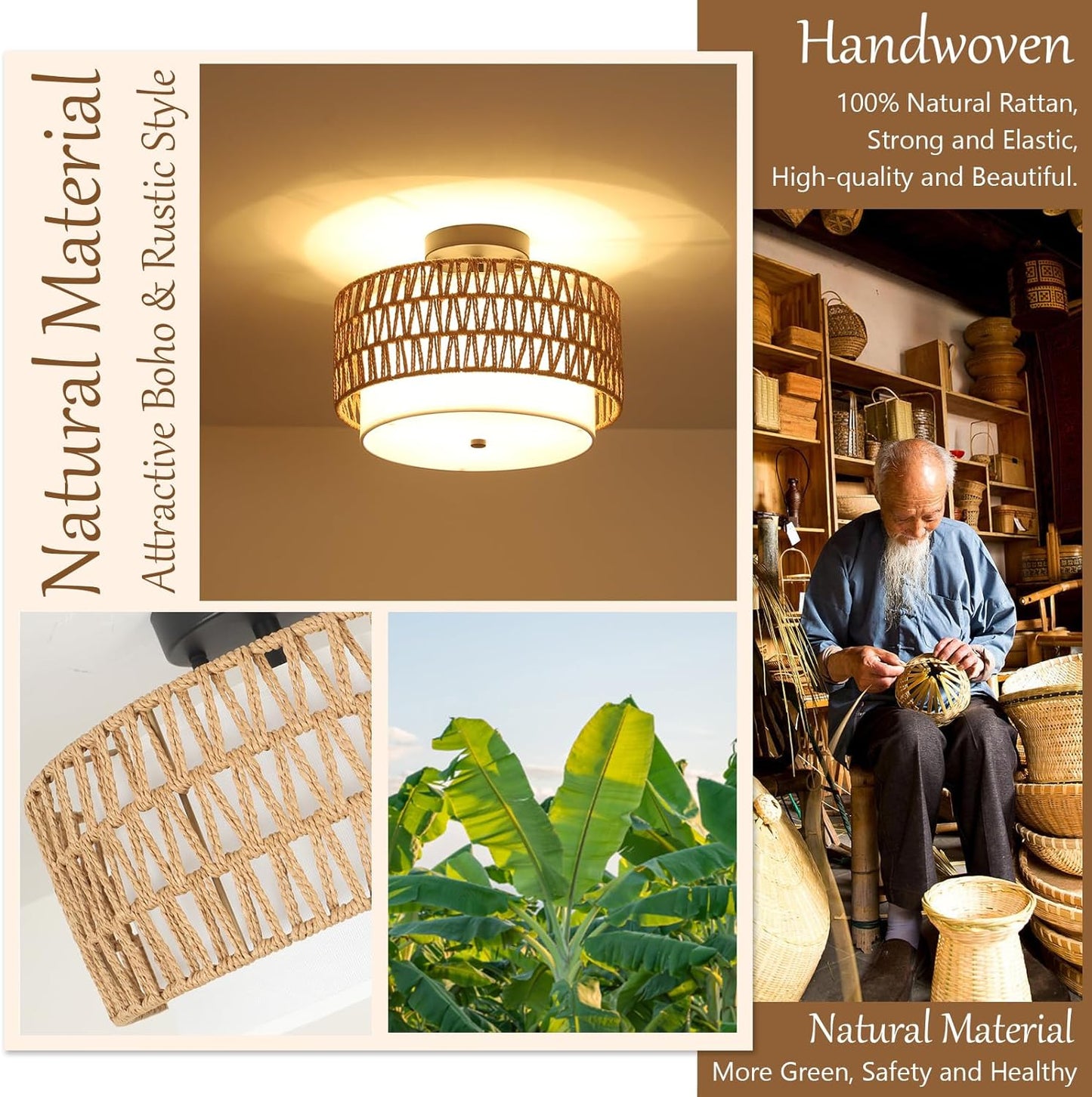 3-Light Semi Flush Mount Ceiling Light Fixture, Boho Rattan Light Fixtures Ceiling, Farmhouse Drum Light with Fabric Shade eprolo