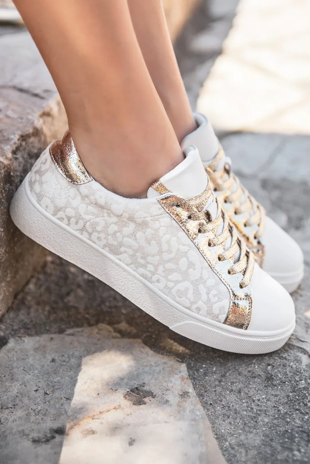 White Leopard Print Sneakers - Lace-Up Animal Print Trainers - Shello's Creative Boutique