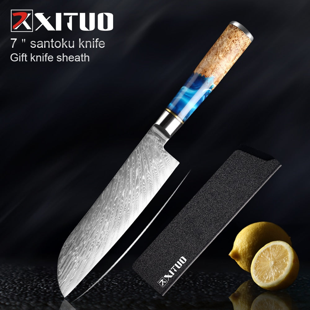 XITUO Kitchen Knives-Set Damascus Steel VG10 Chef Knife Cleaver Paring Bread Knife Blue Resin and Color Wood Handle Cooking Tool eprolo