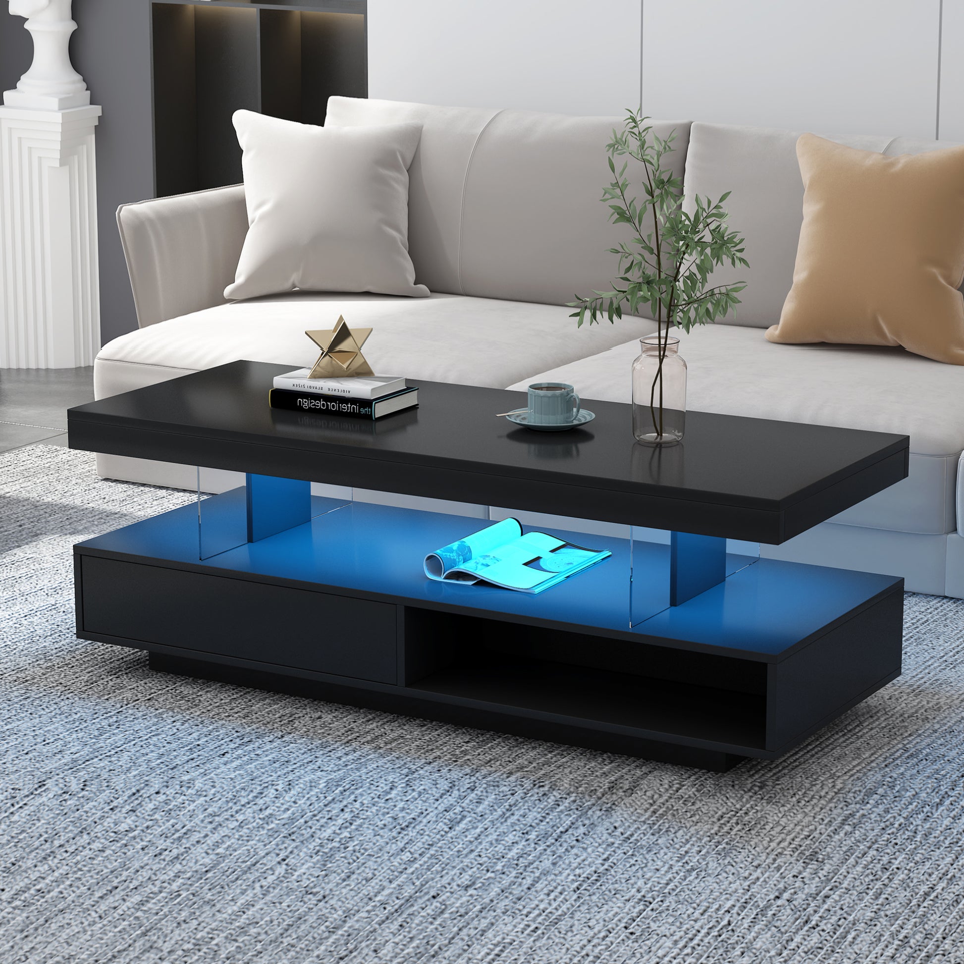 U-Can LED coffee table with storage space, modern central table with 2 drawers and display rack, equipped with LED lights, black eprolo