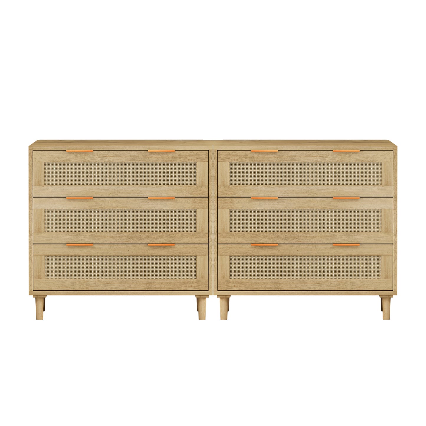 Premium 3-Drawer Rattan Storage Cabinet Set - Oak Finish (Set of 2)