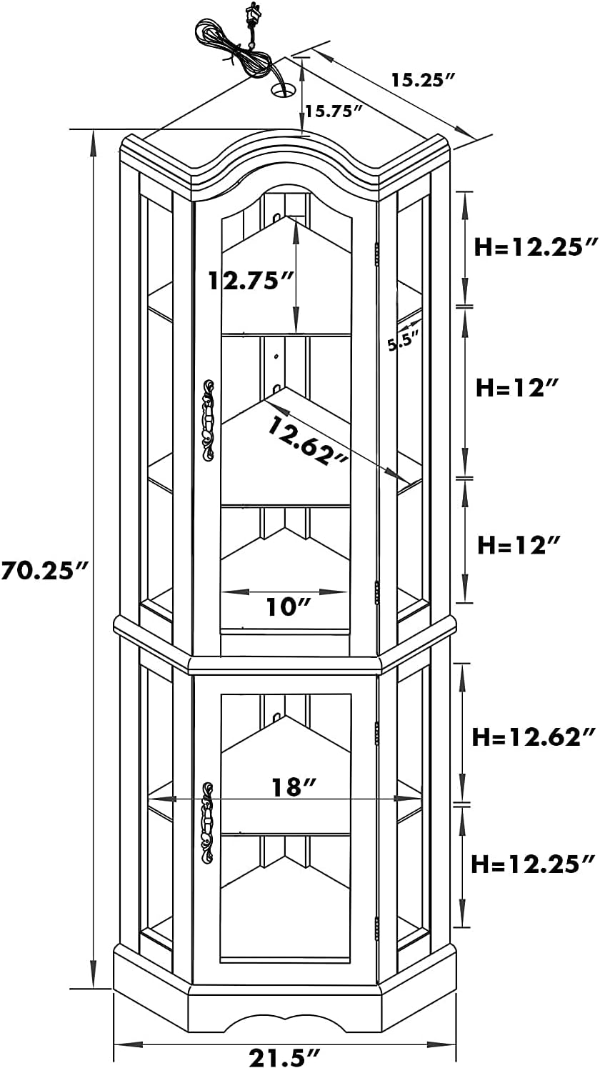 Corner Curio cabinet, adjustable tempered glass frame, rearview mirror, display cabinet, walnut wood (excluding E26 bulbs) eprolo