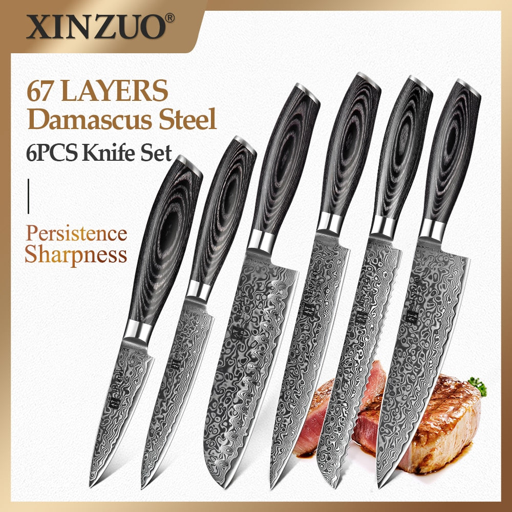 XINZUO 6 PCS Kitchen Knives Set VG10 Damascus Steel High Carbon Japanese Chef Santoku Utility Knife Cooking Set Pakkawood Handle eprolo