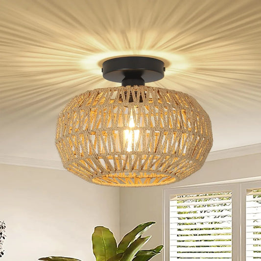 Rattan Light Fixtures Ceiling Mount Light Fixture with Dimmable LED Bulb Mini Hand Woven Rattan - Shello's Creative Boutique