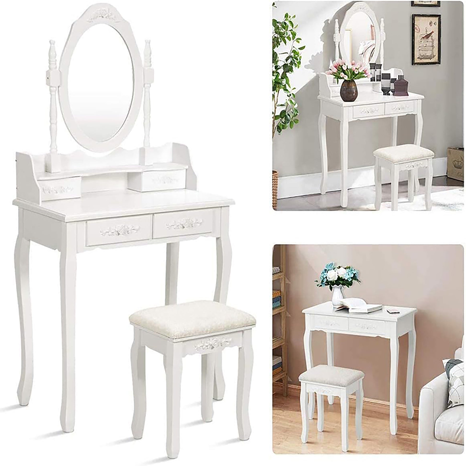 Vanity Table Set with 4 Drawer, Makeup Dressing Table w/Cushioned Stool, Girls Women Bedroom Furniture Set Oval Mirror eprolo