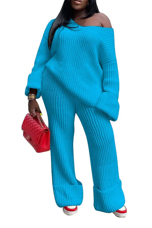 European and American women's casual solid color loose knit suit - Shello's Creative Boutique