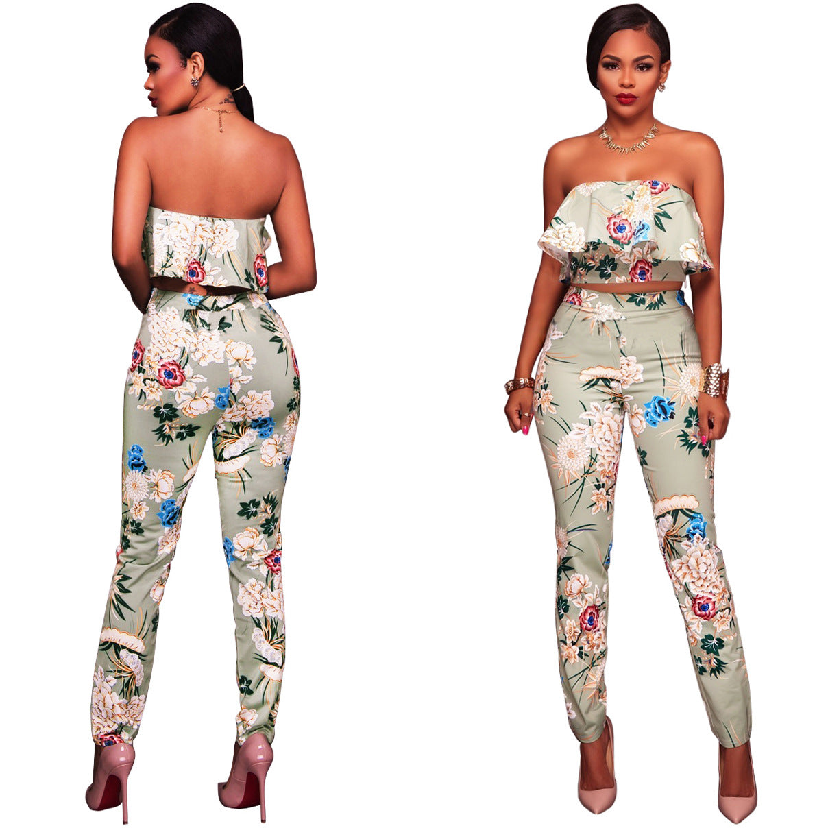 Summer Women Clothes Plus size Flower two piece set Print off shoulder crop top Ruffles cropped Tops Pants Pattern suit eprolo