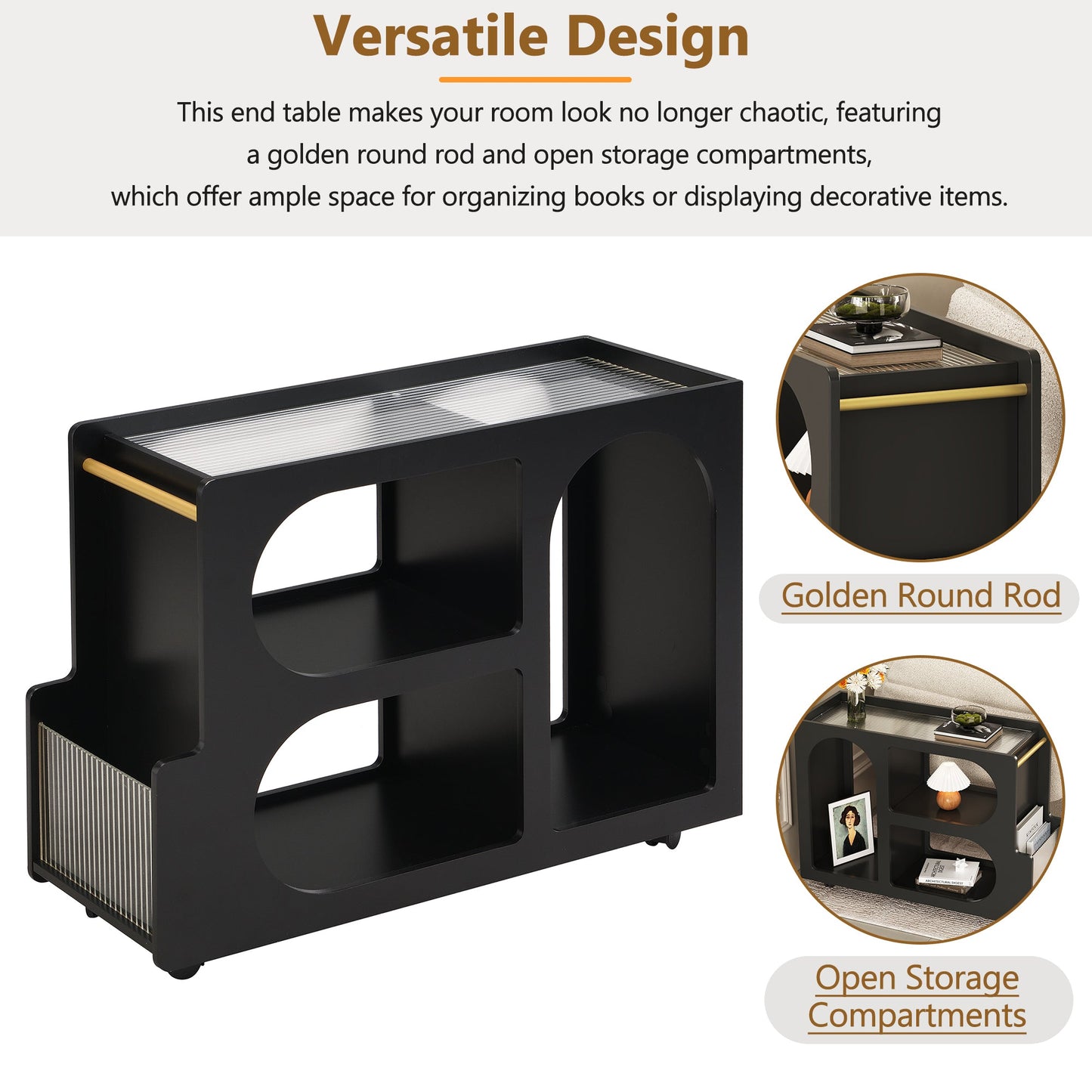 Stylish mobile desk with lockable wheels,bedside table with 5mm thick grooved tempered glass and gold round bars ,black eprolo