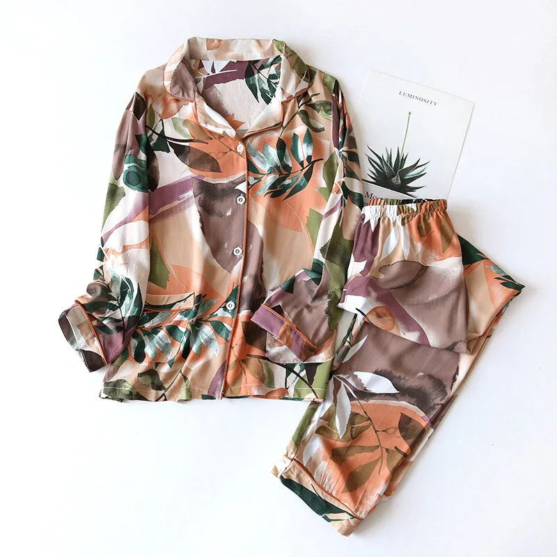 Spring / Summer new 100% viscose long-sleeved trousers ladies pajamas suit simple style long pajamas women's home service - Shello's Creative Boutique