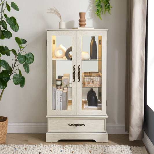 Light colored glass cabinet Curio display cabinet with adjustable glass frame, 2 doors and 1 drawer, including white light bulbs eprolo